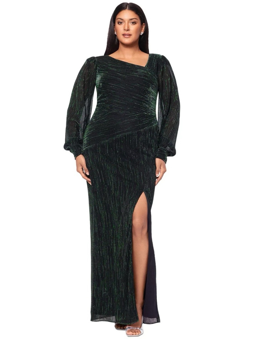 New Betsy & Adam Metallic Asymmetric Long Sleeve Gown Womens 18W Green Black